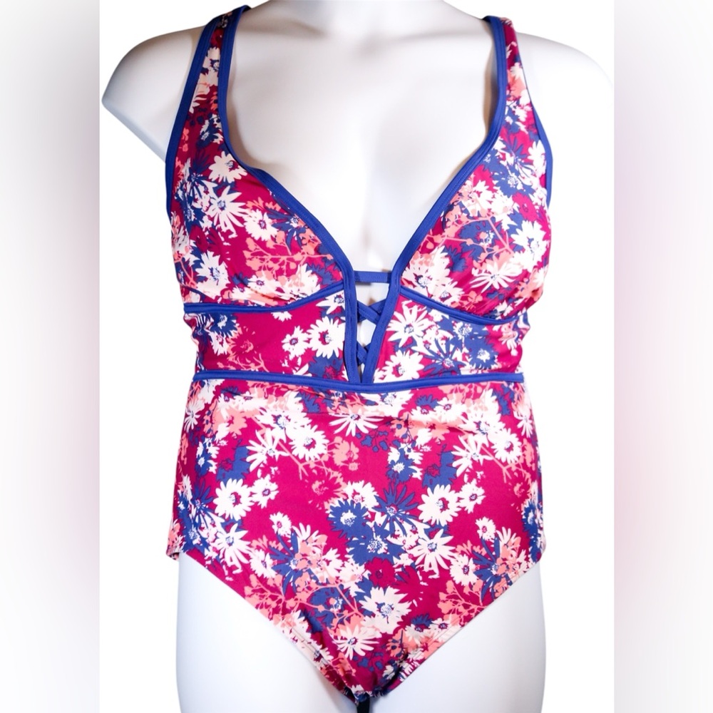 Adore Me Floral One-Piece Swimsuit Women’s 3X Pink Blue Crisscross Back - Picture 5 of 14